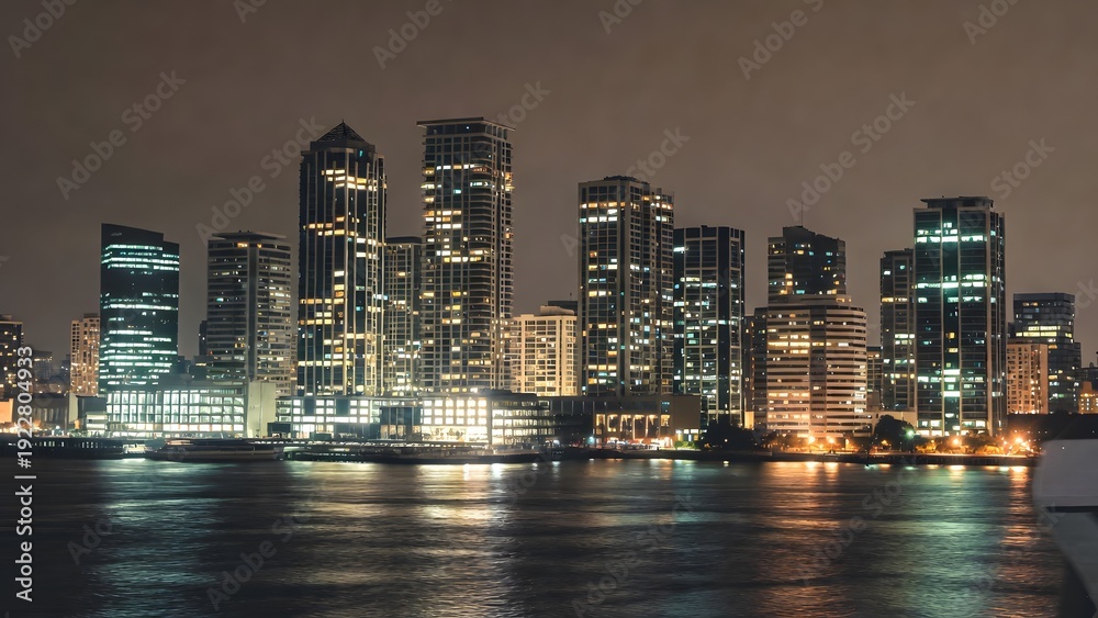 Fototapeta premium City skyline at night with illuminated skyscrapers reflecting on water