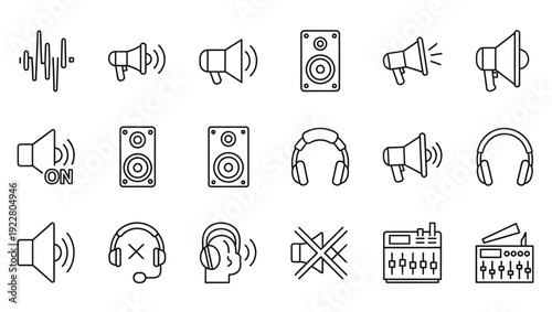 Collection of audio equipment and sound icons in line style