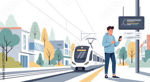 Young man checking his smartphone while waiting for a train.