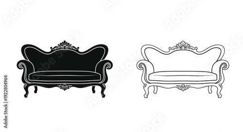 Elegant baroque sofa illustration in black and white contrasting views shown