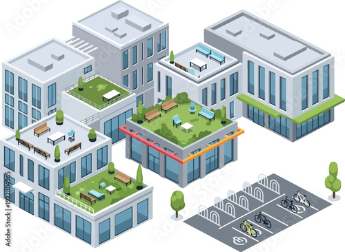 Modern office complex with rooftop gardens and parking lot, viewed from above, showcasing architecture and urban planning.
