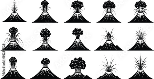 Volcano eruption silhouette collection vector set with lava explosion smoke ash and natural disaster landscape illustration