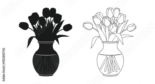 Black and white illustration of tulips in vases showing both filled and outline styles
