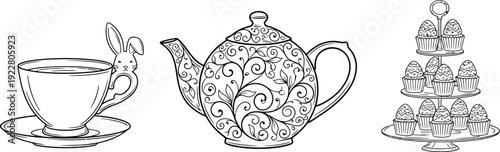 Cupcakes and tea set illustration for easter celebration graphic design
