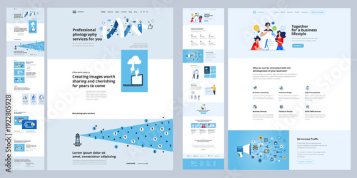 Complete Set of Full Length Landing Page and Mobile UI Mockups Responsive Web Design Templates with Illustrations and Icons
