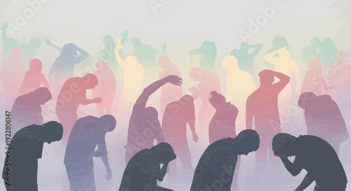 Silhouette of sad, depressed people in colorful gradients, representing mental health struggles and despair