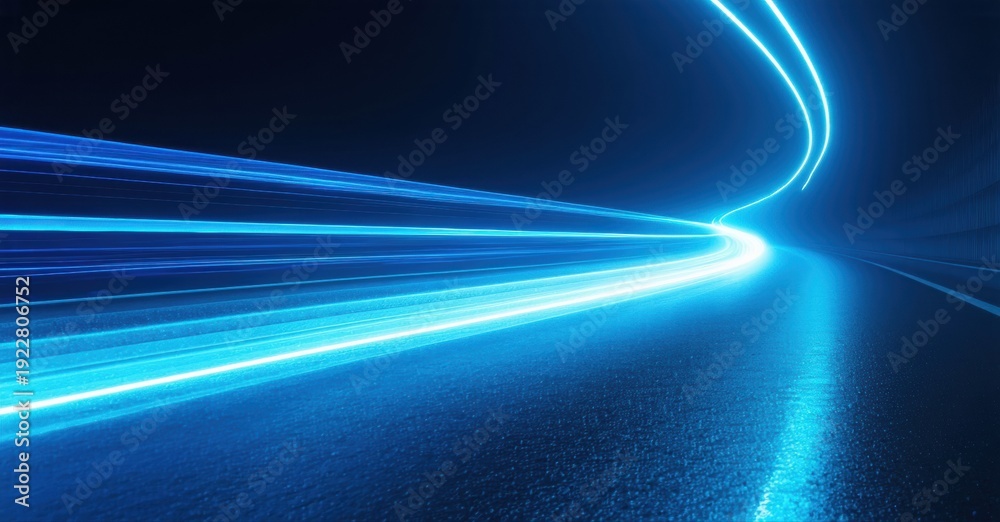 Fototapeta premium Bright blue streaks converge toward distant point. Tunnel perspective creates dynamic motion effect. Dark background emphasizes luminosity.