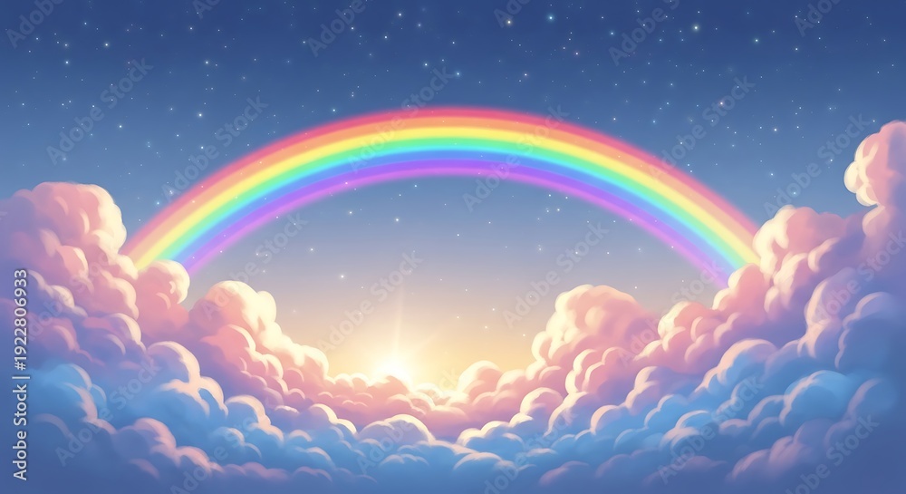 Obraz premium A vibrant rainbow arches over fluffy clouds against a serene blue sky with stars shining brightly from a distant viewpoint