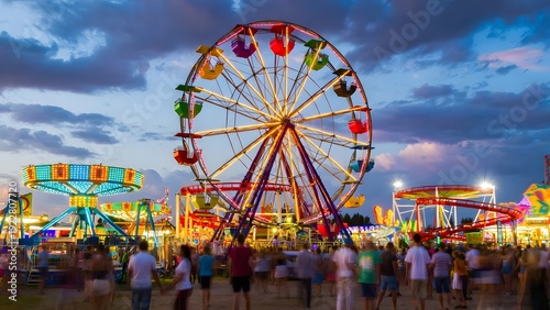 Amusement park at dusk featuring illuminated ferris wheel and colorful rides with crowds