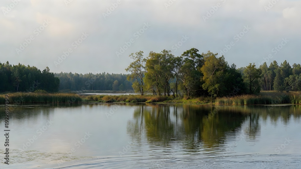 Fototapeta premium Calm lake with lush green trees reflected in still water under a cloudy bright sky