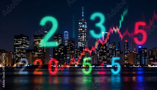  Glowing numeric streams and line graphs cascading over a black matrix, vibrant teal and purple accents, high contrast