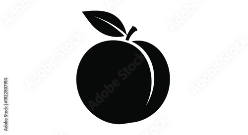 A simple black silhouette of a peach with a leaf and stem