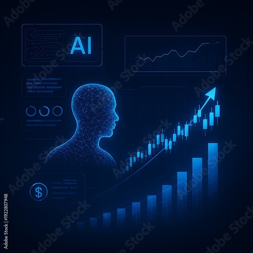  Futuristic digital illustration of an AI-powered trading dashboard with glowing candlestick charts, bar graphs, and real-time financial data. Conceptual visualization of smart investment, algorithm.j