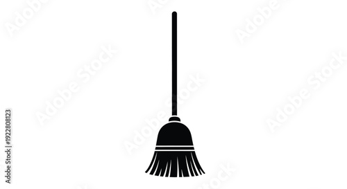 A simple black silhouette of a traditional push broom with bristles