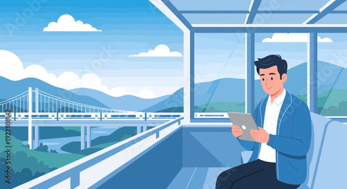 Man working on tablet while traveling by train.