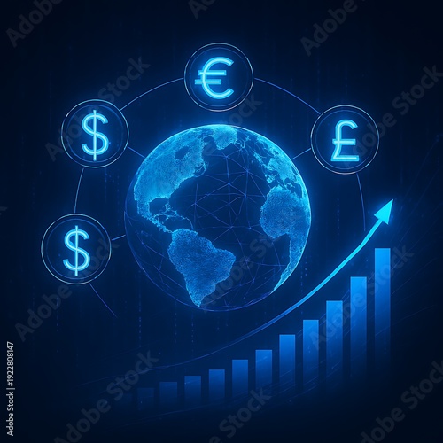 Abstract digital illustration of a holographic Earth surrounded by glowing currency symbols interconnected by neon lines. Conceptual visualization of global finance, currency exchange, and internat