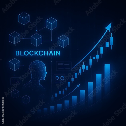  Abstract digital illustration of blockchain-inspired financial flows with interconnected glowing blocks, candlestick charts, and upward-trending bar graphs. Conceptual visualization of decentralize