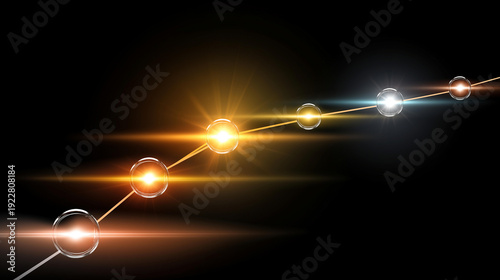 Business project timeline diagram with glowing milestones from planning and market research through product launch, company growth roadmap concept, with copy space