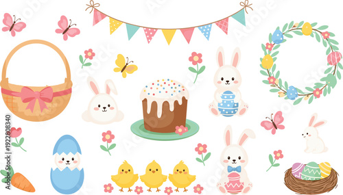 Cute easter elements vector collection with bunny eggs cake basket and spring flowers for holiday design