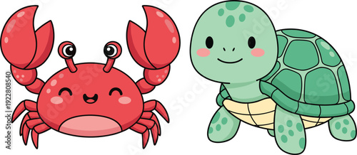 Cute crab and turtle cartoon characters vector set for kids ocean animal and marine life design
