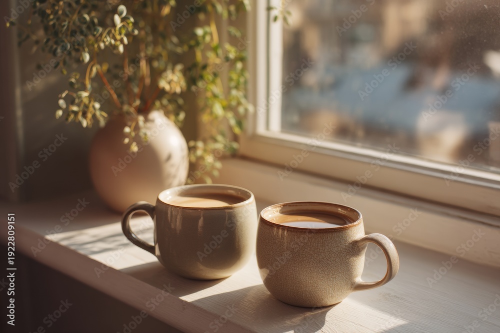 Fototapeta premium Cozy Winter Morning with Two Cups of Coffee and Natural Light