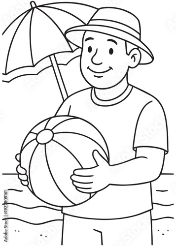 coloring book father holding beach ball under umbrella on sunny shore