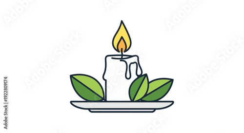 A simple illustration of a lit candle adorned with green leaves