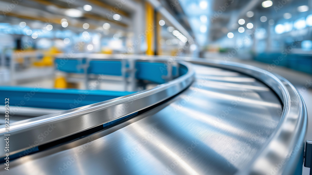 Fototapeta premium Industrial conveyor belt system in motion with metallic components reflecting overhead lighting, factory workflow efficiency concept, modern manufacturing photography, defocused