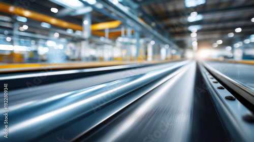 Industrial conveyor belt system in motion with metallic components reflecting overhead lighting, factory workflow efficiency concept, modern manufacturing photography, defocused