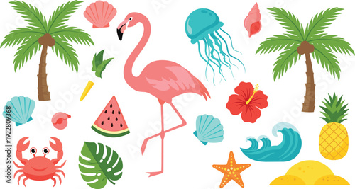 Tropical summer beach elements vector set with flamingo palm trees ocean waves and exotic marine life illustration