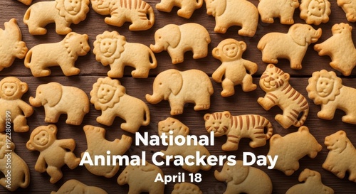 Colorful animal shaped crackers on wooden table for National Animal Crackers Day