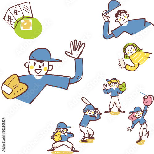 少年野球の笑顔の子供と指導するコーチを描いたメインビジュアル、低学年から高学年まで活気あるチーム風景の部員募集用イラスト
