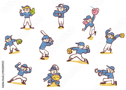 生き生きと野球の練習に取り組む子供たちのイラストセット、青いユニフォームを着た男女混合チームのピッチャーやバッターなどのポーズ集
