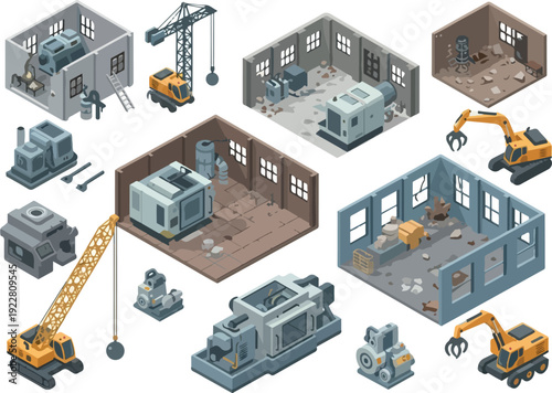 Construction Site Illustrations Featuring Excavators, Cranes, Buildings, Machinery, and Equipment in Various Stages of Development