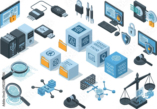 Digital devices and data storage elements arranged around cloud service icons, showcasing technology and information exchange in a modern digital landscape from a bird's eye view.