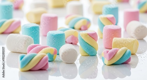 Colorful marshmallows scattered on white surface with pastel hues sweets concept