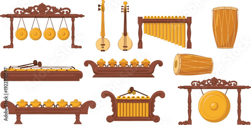 Set of traditional wooden musical instruments with gongs, drums, and xylophones, Asian ethnic percussion and string instruments vector illustration