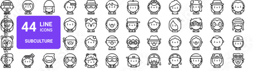 Set of 44 thin line subculture and lifestyle icons including cybergoth, hippie, furry, punk, goth, hipster. Vector outline illustration pack