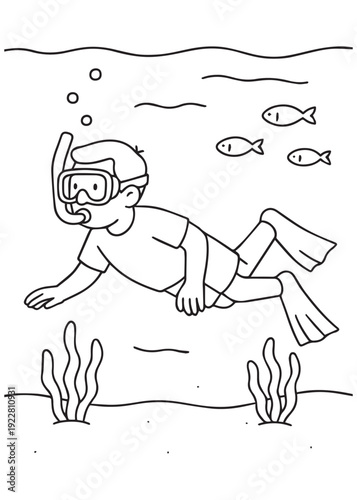 coloring book  father snorkeling underwater with fish and coral