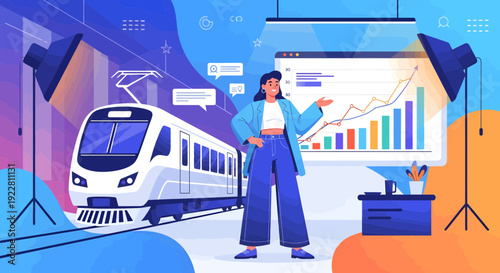 Woman presenting data with a train in a studio setting.