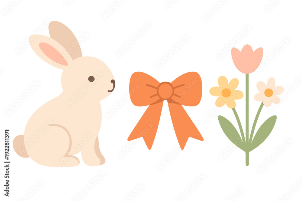 Obraz premium A flat vector clipart set featuring a cream-colored bunny, an orange ribbon bow, and a small bouquet of spring flowers including a tulip and daisies on a black background.