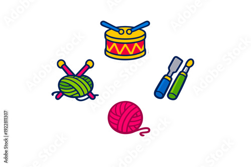 A collection of four colorful hobby-themed stickers featuring a yellow drum with blue sticks, two balls of yarn with knitting needles, and craft tools on a black background.