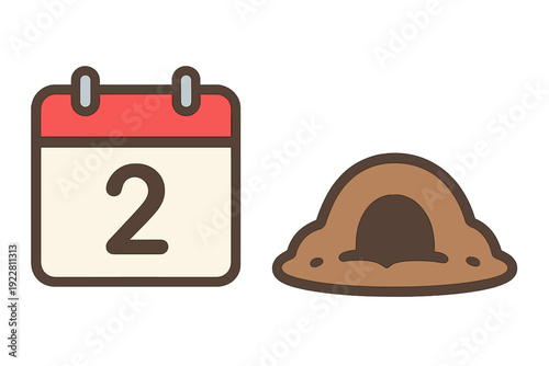 This flat vector graphic displays a calendar page with the number two and a small dirt mound with a hole, symbolizing the annual Groundhog Day tradition in February.