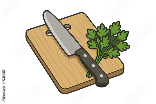 An illustration of a silver chef knife with a black handle resting on a light brown wooden cutting board next to a fresh bunch of green parsley against a black background.