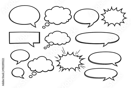 A collection of various blank white speech and thought bubbles with black outlines on a black background. The set includes oval, rectangular, cloud, and jagged shapes for comic design.