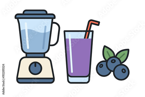 A flat vector illustration featuring a kitchen blender next to a glass of purple blueberry smoothie with a straw and fresh blueberries with green leaves on a black background.