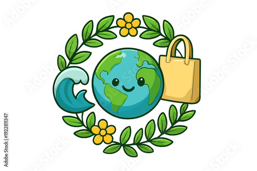 This illustration features a happy cartoon Earth centered within a floral wreath, accompanied by a blue wave and a reusable bag, symbolizing environmental protection and sustainability.