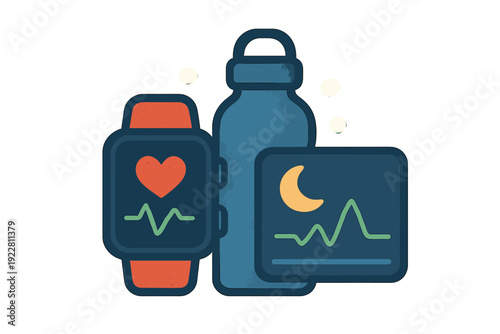 An illustration featuring a smartwatch with a heart rate monitor, a blue water bottle, and a sleep tracking device display against a dark background with glowing accents.