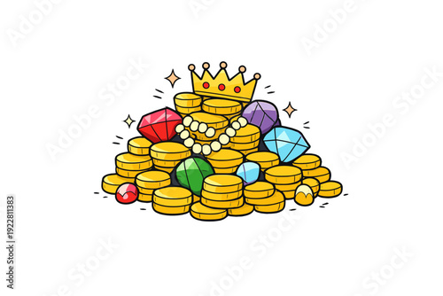 A cartoon illustration of a large pile of gold coins, colorful gemstones, a pearl necklace, and a golden crown on top, all set against a solid black background with small stars.