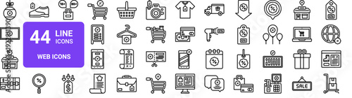 Set of 44 thin line web icons including shopping, technology, retail, commerce, and communication symbols. Vector illustration in outline style